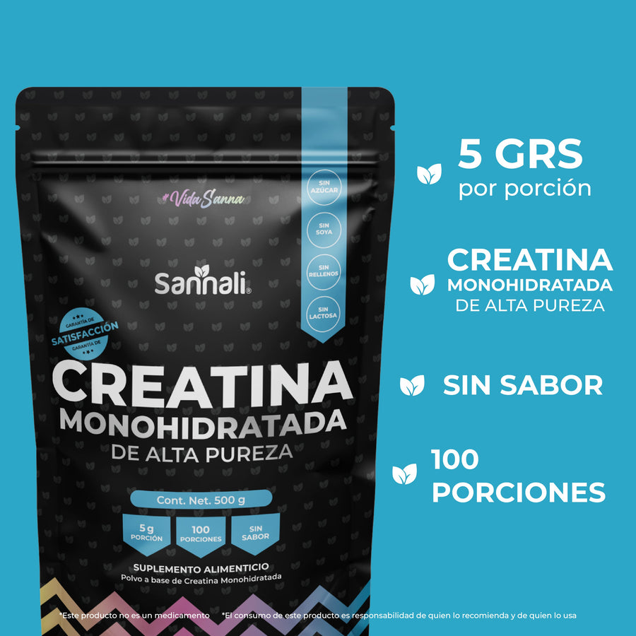 Sannali | Creatina Monohidratada de Alta Pureza Sin Sabor, Preworkout | 500g | 100 porciones - Sannali ®