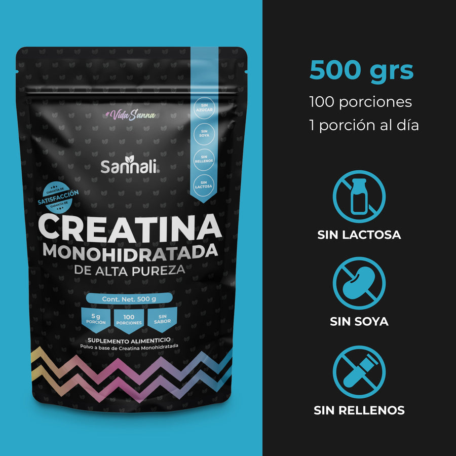 Sannali | Creatina Monohidratada de Alta Pureza Sin Sabor, Preworkout | 500g | 100 porciones - Sannali ®