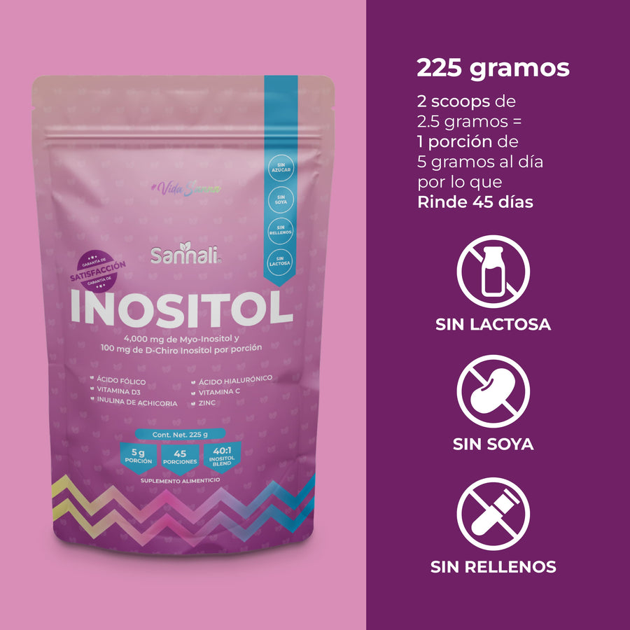 Sannali | Inositol 40:1 Myo Inositol y D-Chiro Inositol, Precursor de Colágeno + Vitamina D3 + Ácido Fólico + Zinc + Prebióticos | Rinde 45 días - 225 gramos - Sannali ®